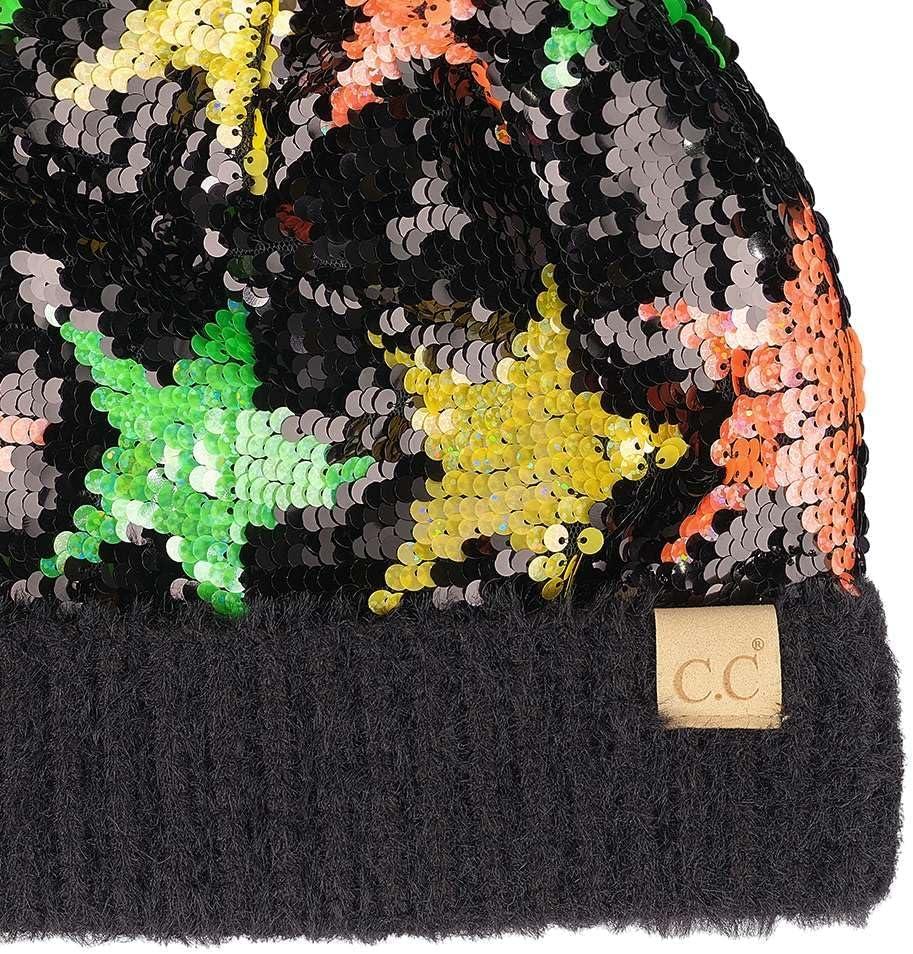 imageCC Kids Sequin Fur Pom Beanie for Boys Girls  Comfortable Soft Warm Children Youth Knit Skully Hat with Faux Fur PomMulti Star 3