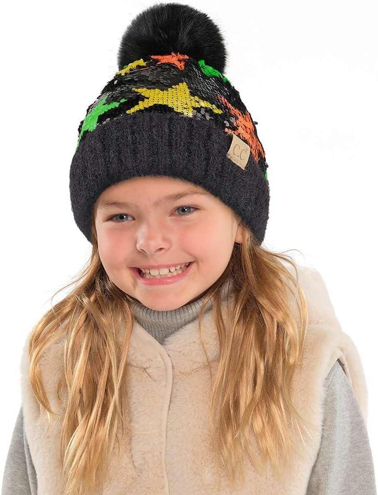 imageCC Kids Sequin Fur Pom Beanie for Boys Girls  Comfortable Soft Warm Children Youth Knit Skully Hat with Faux Fur PomMulti Star 3