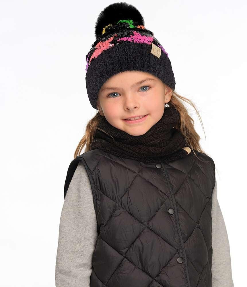 imageCC Kids Sequin Fur Pom Beanie for Boys Girls  Comfortable Soft Warm Children Youth Knit Skully Hat with Faux Fur PomMulti Star 4
