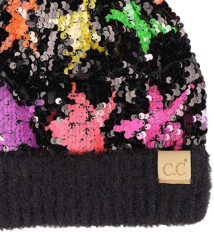imageCC Kids Sequin Fur Pom Beanie for Boys Girls  Comfortable Soft Warm Children Youth Knit Skully Hat with Faux Fur PomMulti Star 4