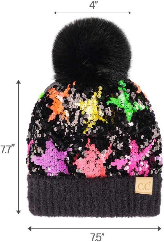 imageCC Kids Sequin Fur Pom Beanie for Boys Girls  Comfortable Soft Warm Children Youth Knit Skully Hat with Faux Fur PomMulti Star 4