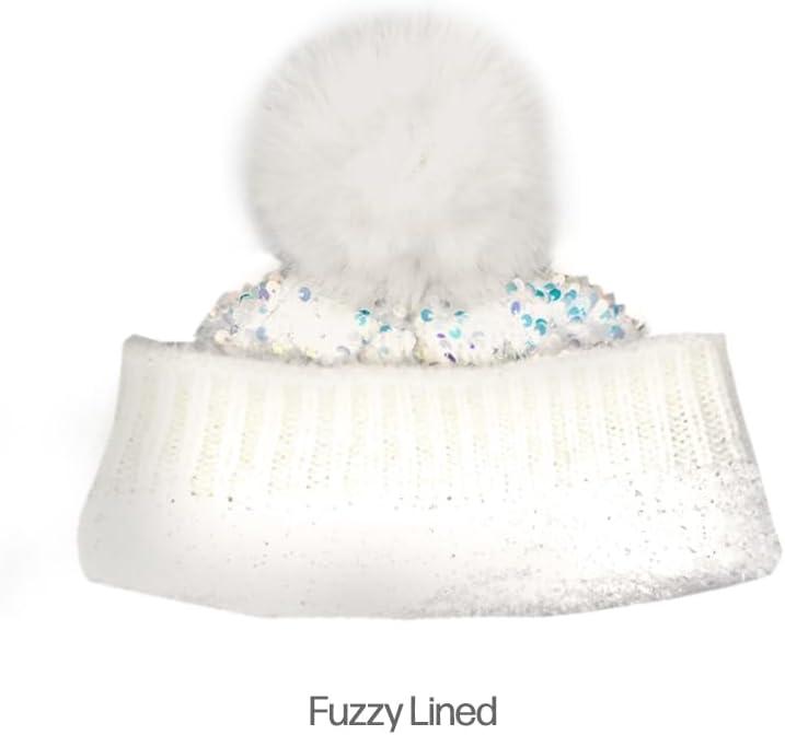 imageCC Kids Sequin Fur Pom Beanie for Boys Girls  Comfortable Soft Warm Children Youth Knit Skully Hat with Faux Fur PomWhite