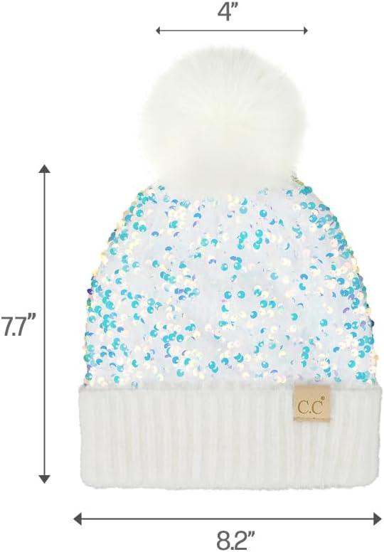 imageCC Kids Sequin Fur Pom Beanie for Boys Girls  Comfortable Soft Warm Children Youth Knit Skully Hat with Faux Fur PomWhite