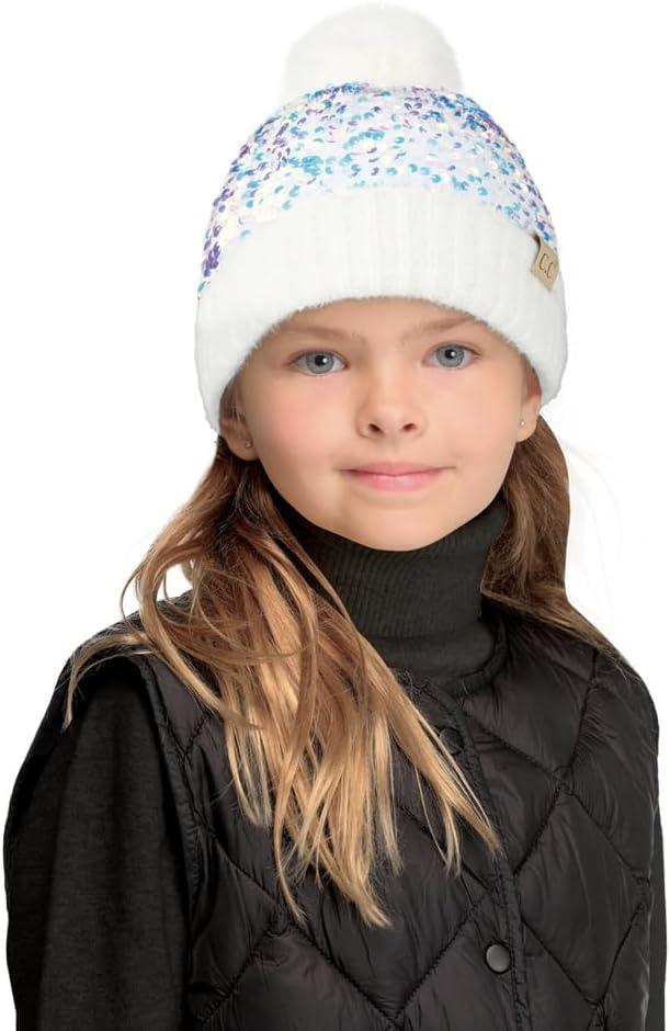 imageCC Kids Sequin Fur Pom Beanie for Boys Girls  Comfortable Soft Warm Children Youth Knit Skully Hat with Faux Fur PomWhite
