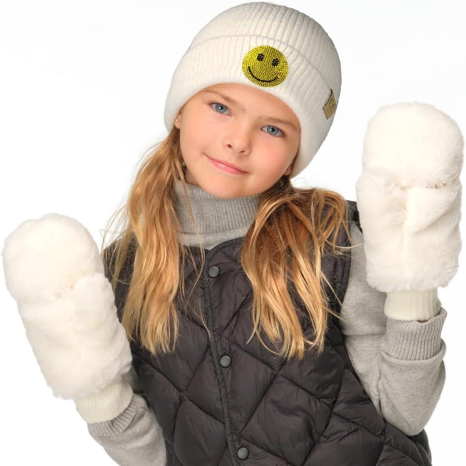 imageCC Kids Smile Face Rhinestone Beanie for Boys Girls  Recycled Yarn Comfortable Soft Warm Children Youth Knit Skully HatIvory