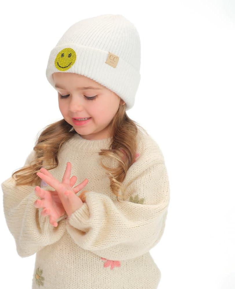imageCC Kids Smile Face Rhinestone Beanie for Boys Girls  Recycled Yarn Comfortable Soft Warm Children Youth Knit Skully HatIvory