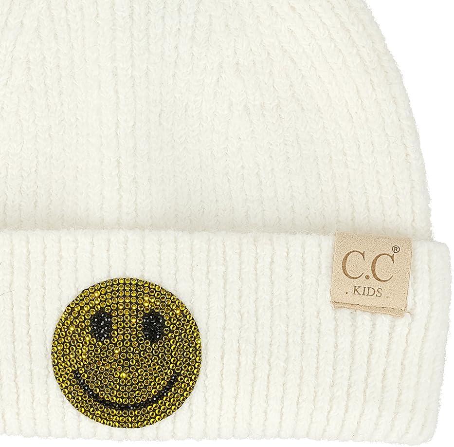 imageCC Kids Smile Face Rhinestone Beanie for Boys Girls  Recycled Yarn Comfortable Soft Warm Children Youth Knit Skully HatIvory