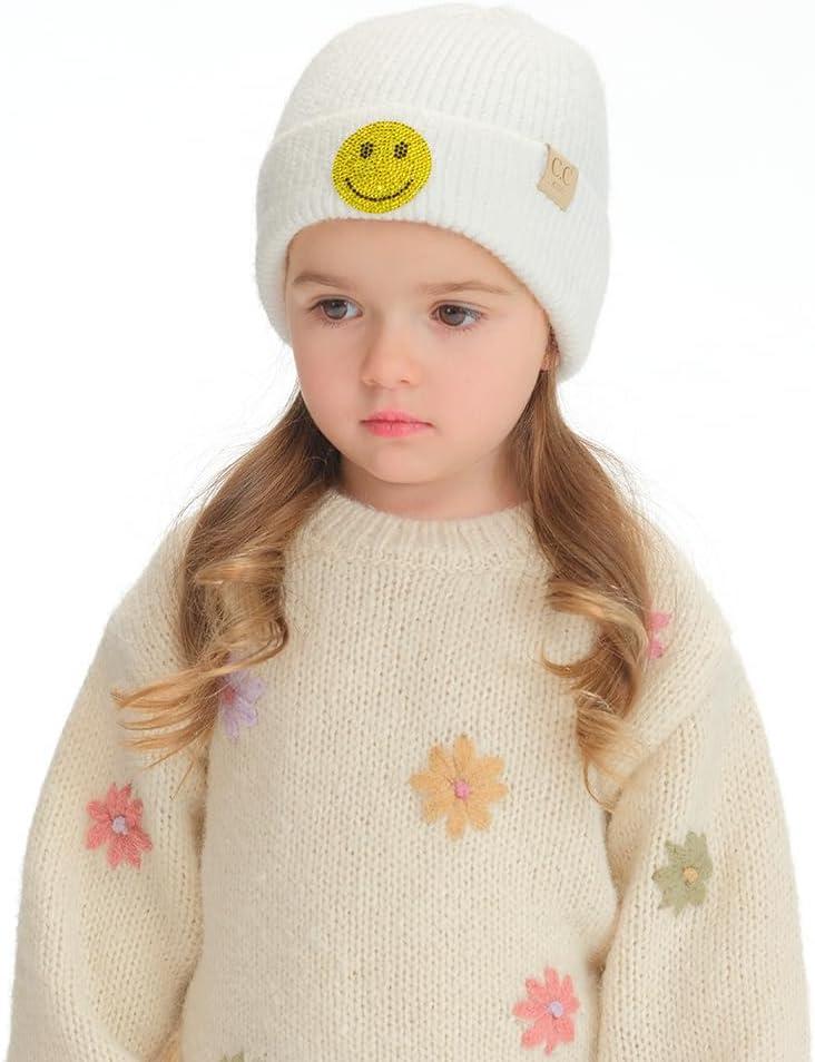 imageCC Kids Smile Face Rhinestone Beanie for Boys Girls  Recycled Yarn Comfortable Soft Warm Children Youth Knit Skully HatIvory