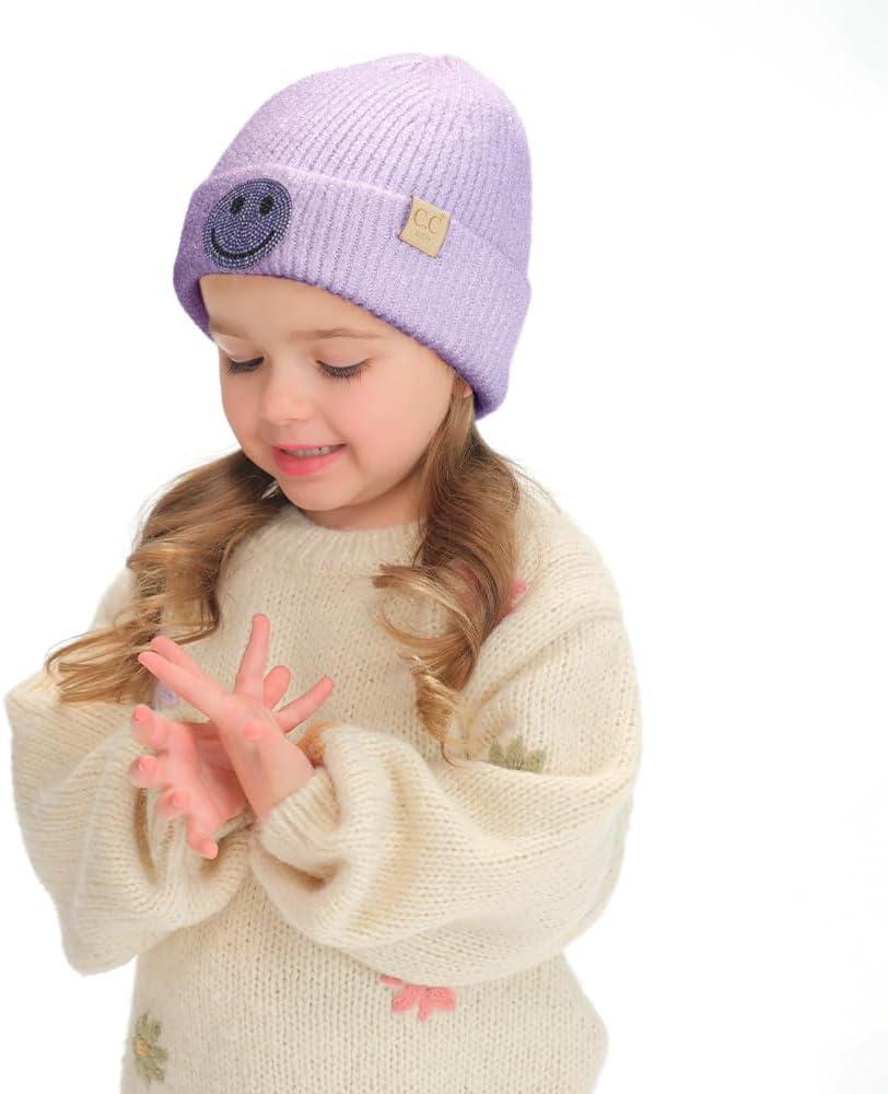 imageCC Kids Smile Face Rhinestone Beanie for Boys Girls  Recycled Yarn Comfortable Soft Warm Children Youth Knit Skully HatLavender
