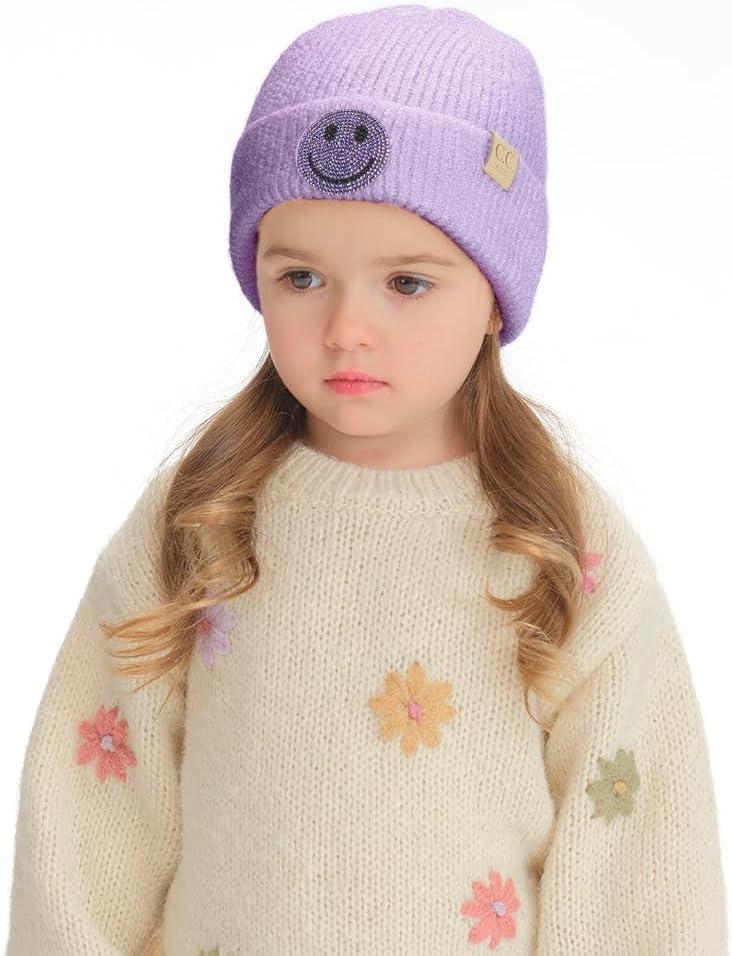 imageCC Kids Smile Face Rhinestone Beanie for Boys Girls  Recycled Yarn Comfortable Soft Warm Children Youth Knit Skully HatLavender