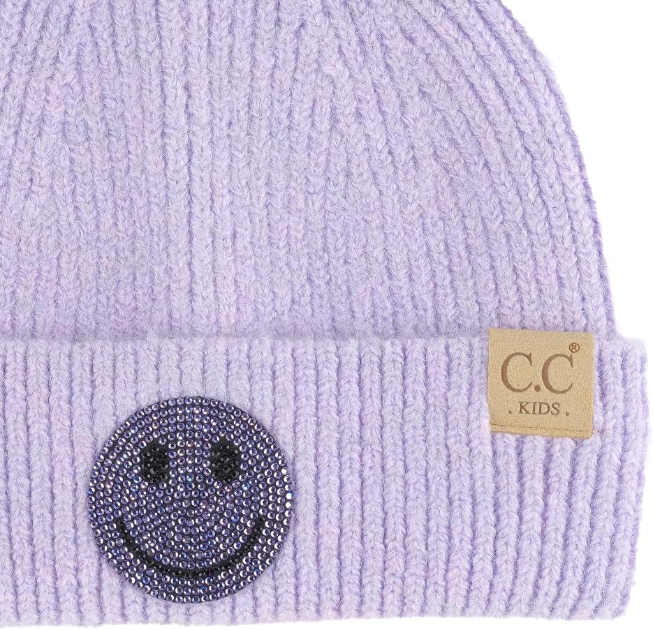 imageCC Kids Smile Face Rhinestone Beanie for Boys Girls  Recycled Yarn Comfortable Soft Warm Children Youth Knit Skully HatLavender