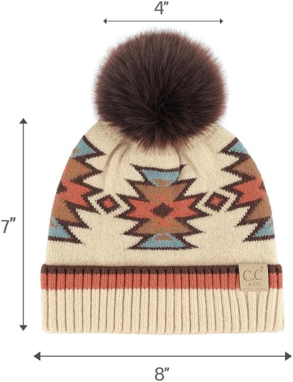 imageCC Kids Southwest Pattern Fur Pom Beanie for Boys Girls  Comfortable Soft Warm Children Youth Knit Skully Hat with Faux PomBeige
