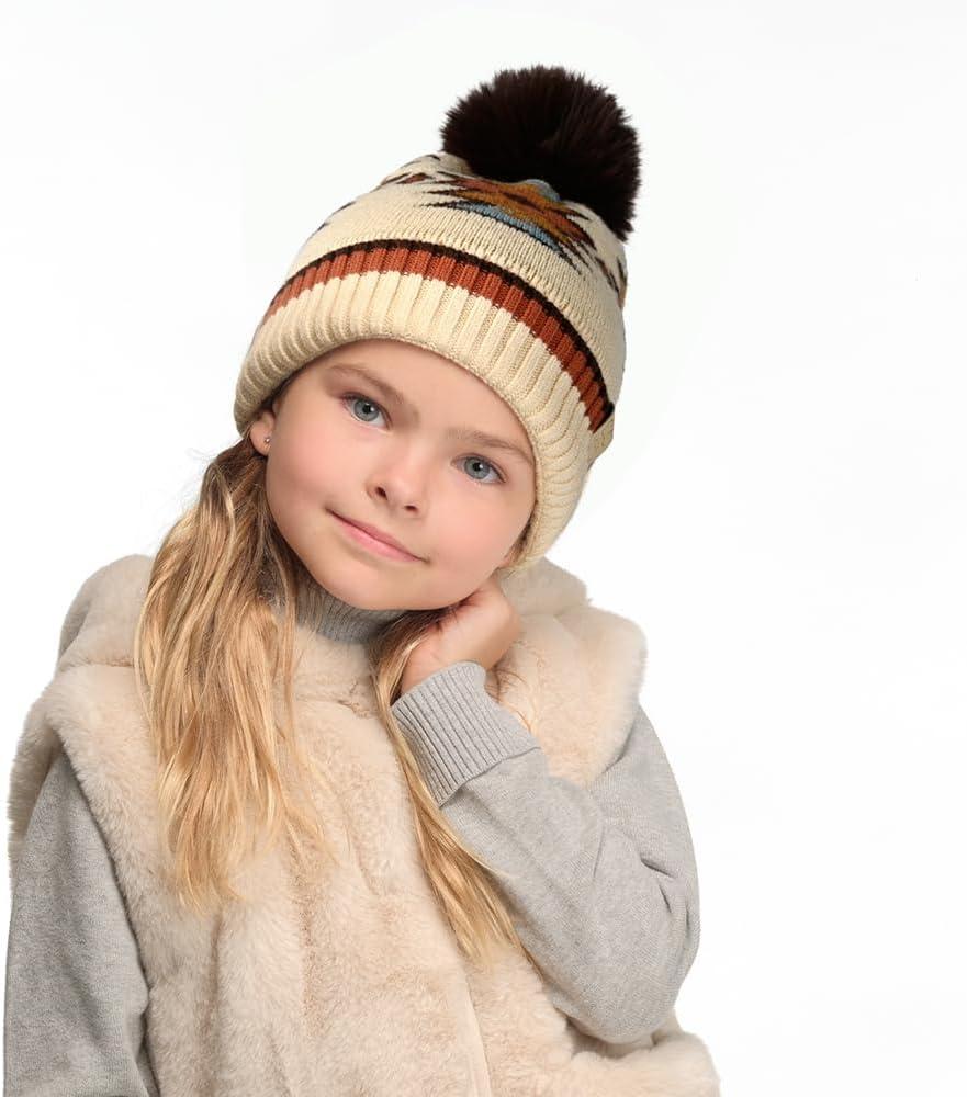 imageCC Kids Southwest Pattern Fur Pom Beanie for Boys Girls  Comfortable Soft Warm Children Youth Knit Skully Hat with Faux PomBeige
