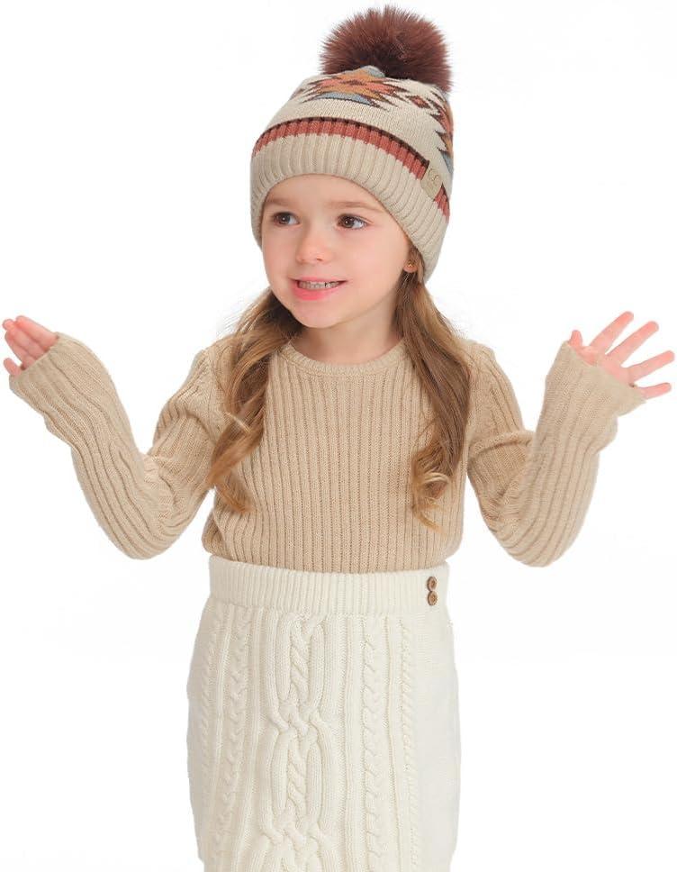 imageCC Kids Southwest Pattern Fur Pom Beanie for Boys Girls  Comfortable Soft Warm Children Youth Knit Skully Hat with Faux PomBeige