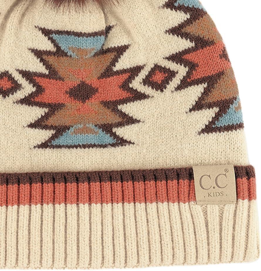 imageCC Kids Southwest Pattern Fur Pom Beanie for Boys Girls  Comfortable Soft Warm Children Youth Knit Skully Hat with Faux PomBeige