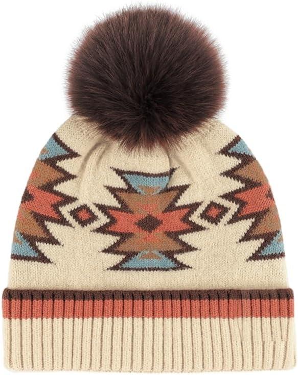 imageCC Kids Southwest Pattern Fur Pom Beanie for Boys Girls  Comfortable Soft Warm Children Youth Knit Skully Hat with Faux PomBeige
