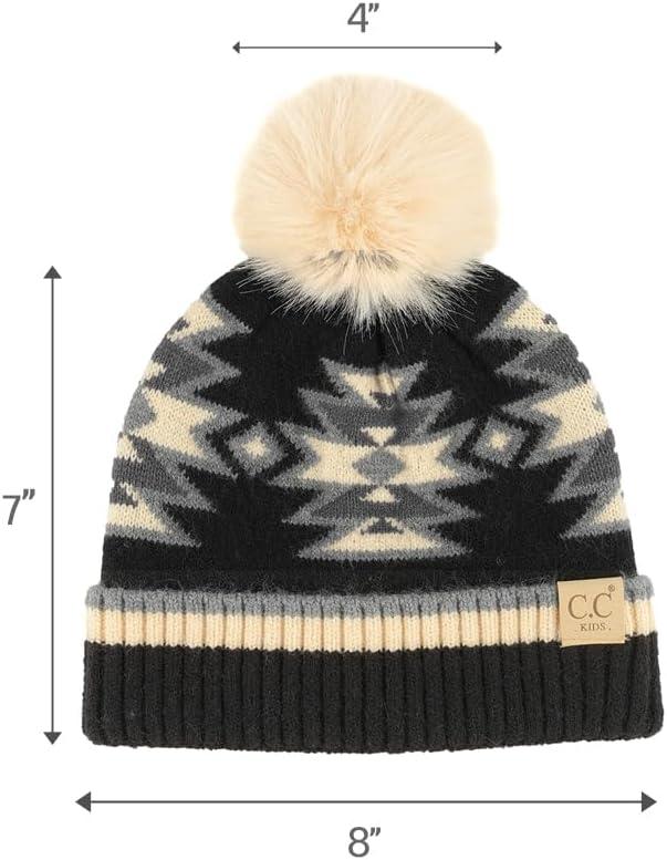 imageCC Kids Southwest Pattern Fur Pom Beanie for Boys Girls  Comfortable Soft Warm Children Youth Knit Skully Hat with Faux PomBlack