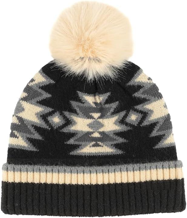 imageCC Kids Southwest Pattern Fur Pom Beanie for Boys Girls  Comfortable Soft Warm Children Youth Knit Skully Hat with Faux PomBlack