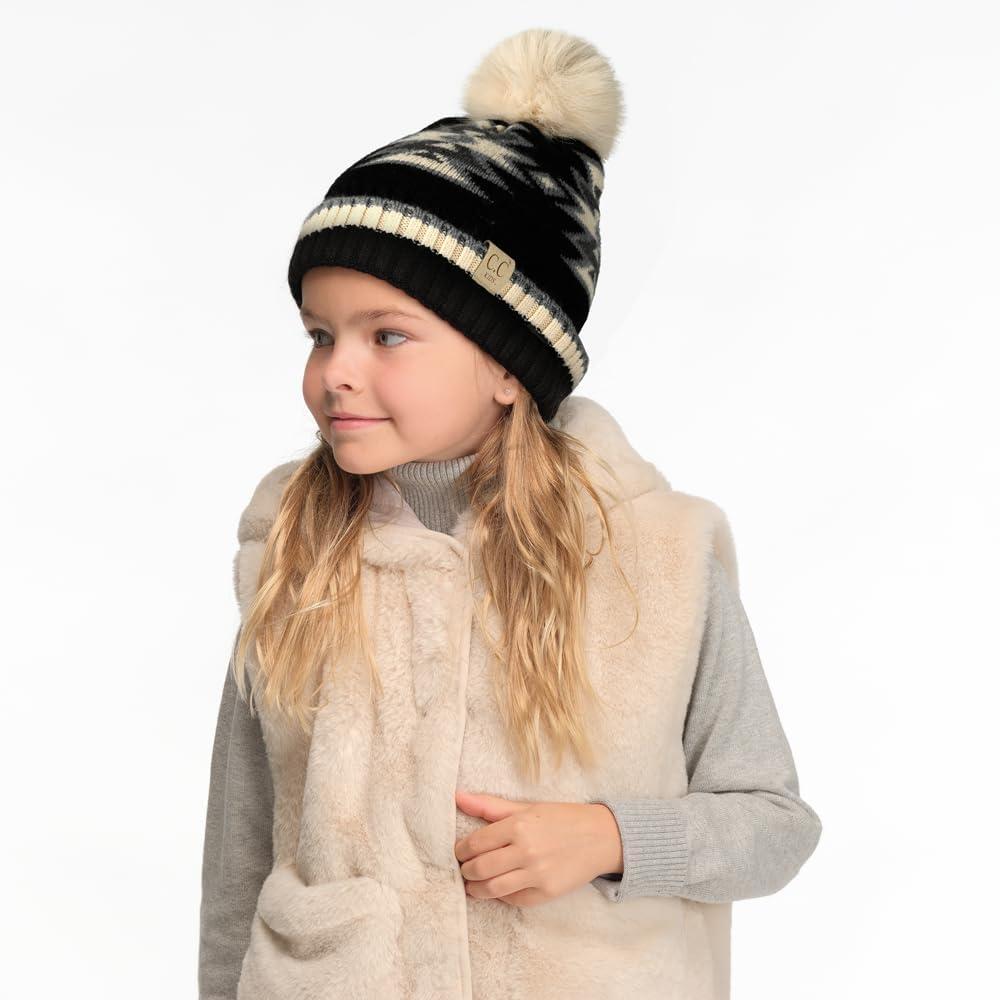 imageCC Kids Southwest Pattern Fur Pom Beanie for Boys Girls  Comfortable Soft Warm Children Youth Knit Skully Hat with Faux PomBlack