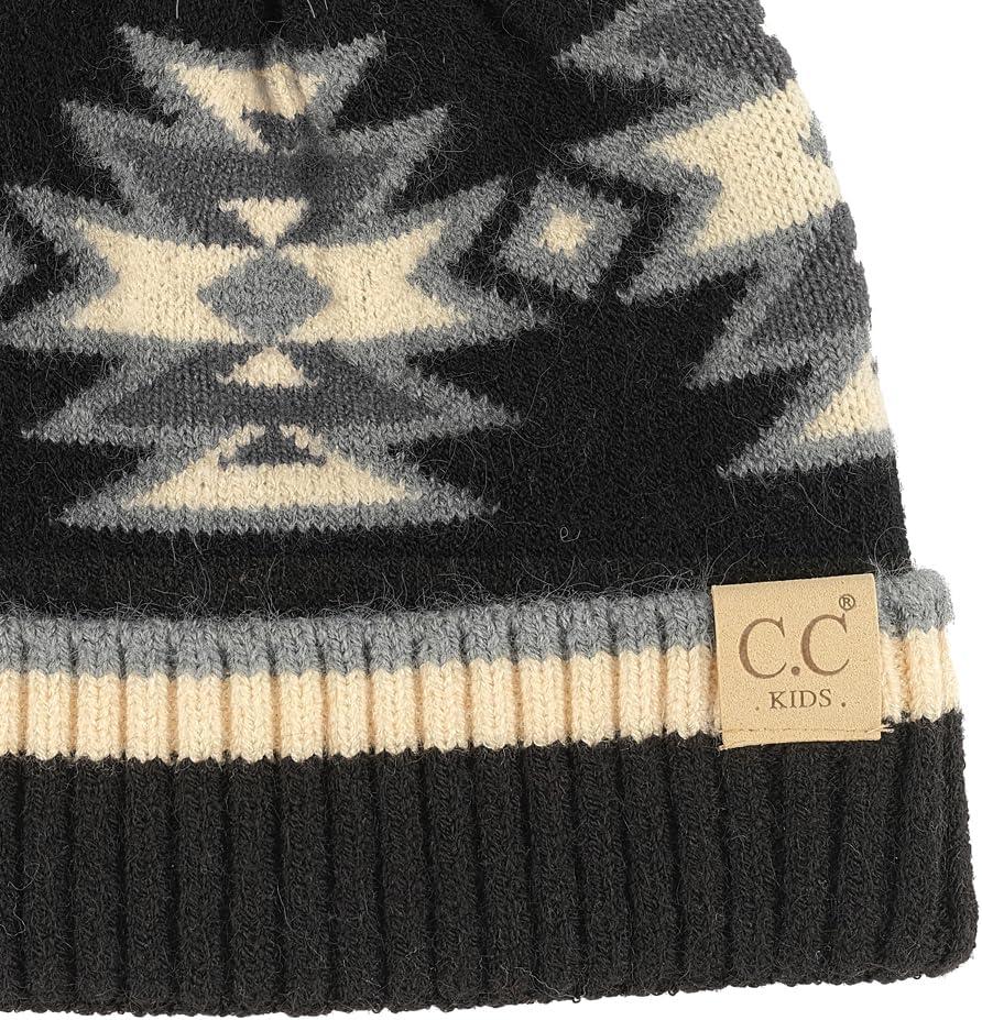 imageCC Kids Southwest Pattern Fur Pom Beanie for Boys Girls  Comfortable Soft Warm Children Youth Knit Skully Hat with Faux PomBlack