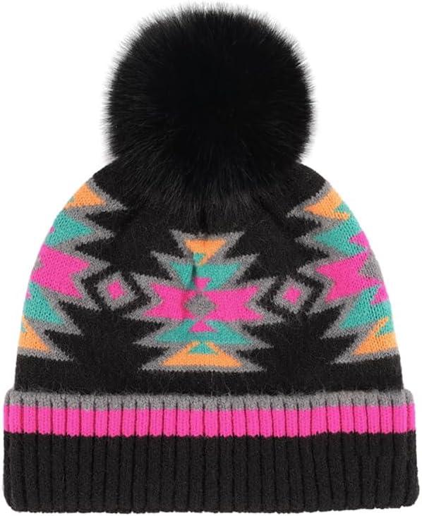 imageCC Kids Southwest Pattern Fur Pom Beanie for Boys Girls  Comfortable Soft Warm Children Youth Knit Skully Hat with Faux PomBlack Multi