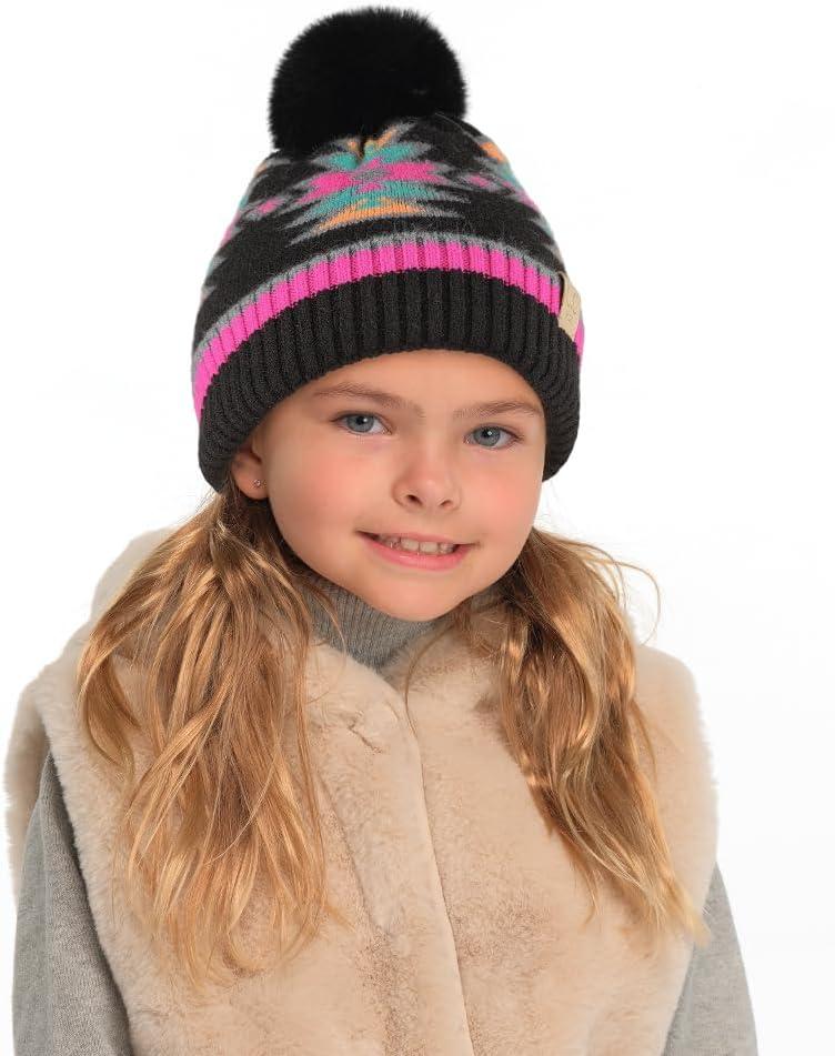 imageCC Kids Southwest Pattern Fur Pom Beanie for Boys Girls  Comfortable Soft Warm Children Youth Knit Skully Hat with Faux PomBlack Multi