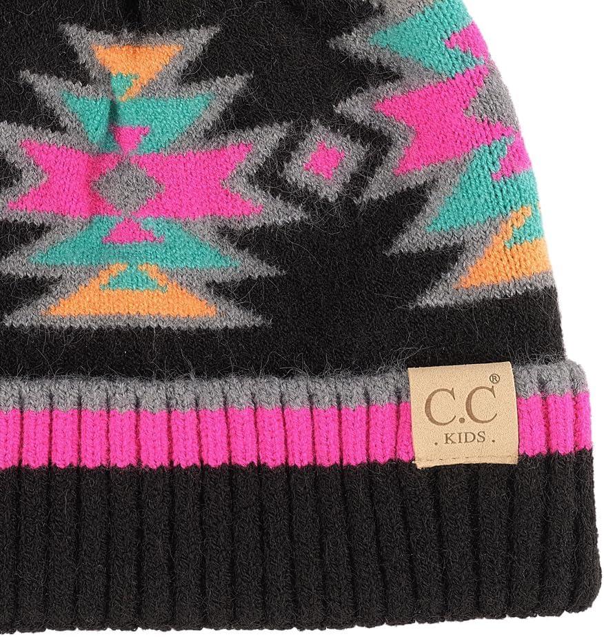 imageCC Kids Southwest Pattern Fur Pom Beanie for Boys Girls  Comfortable Soft Warm Children Youth Knit Skully Hat with Faux PomBlack Multi