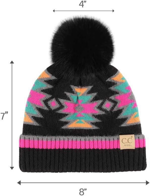 imageCC Kids Southwest Pattern Fur Pom Beanie for Boys Girls  Comfortable Soft Warm Children Youth Knit Skully Hat with Faux PomBlack Multi
