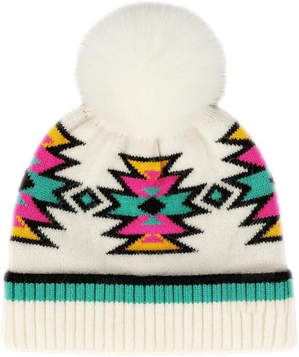 imageCC Kids Southwest Pattern Fur Pom Beanie for Boys Girls  Comfortable Soft Warm Children Youth Knit Skully Hat with Faux PomIvory