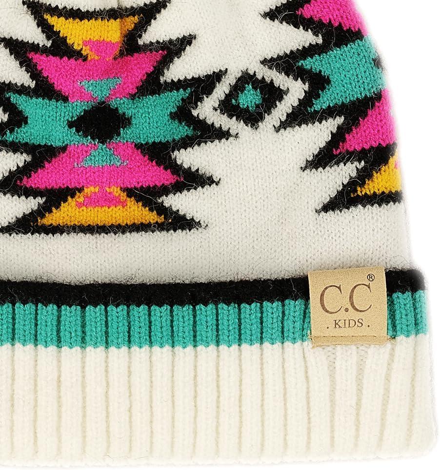 imageCC Kids Southwest Pattern Fur Pom Beanie for Boys Girls  Comfortable Soft Warm Children Youth Knit Skully Hat with Faux PomIvory