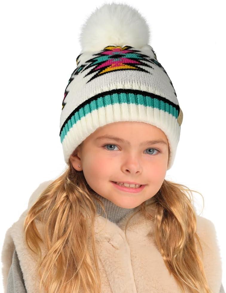 imageCC Kids Southwest Pattern Fur Pom Beanie for Boys Girls  Comfortable Soft Warm Children Youth Knit Skully Hat with Faux PomIvory
