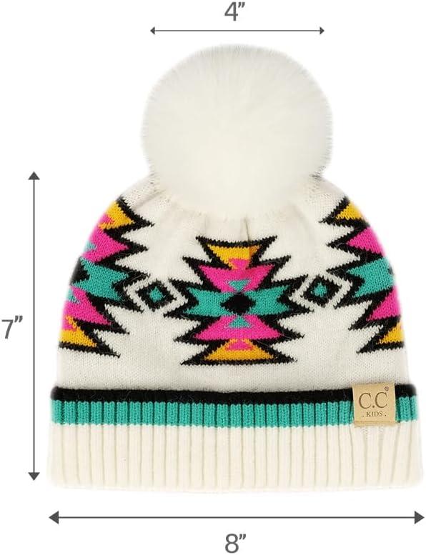 imageCC Kids Southwest Pattern Fur Pom Beanie for Boys Girls  Comfortable Soft Warm Children Youth Knit Skully Hat with Faux PomIvory