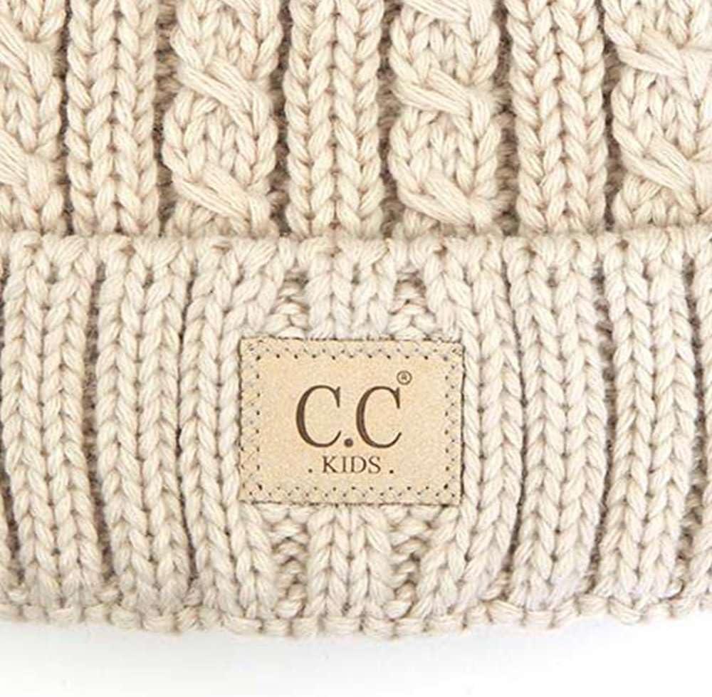 imageCC Kids Suede Patch Snuggly Soft Warm Knit Pom Cuff BeanieCable Knit Faux Fur  Beige