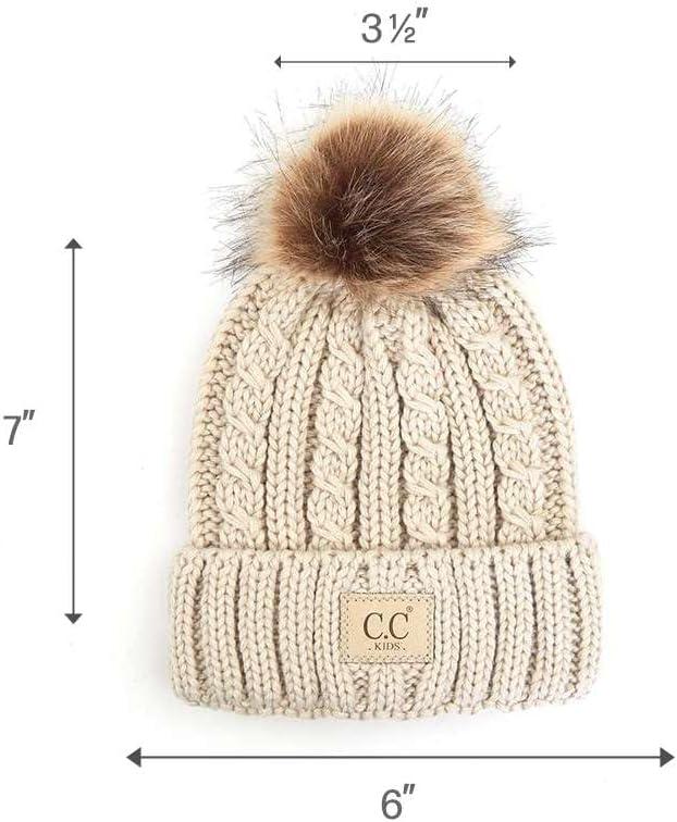 imageCC Kids Suede Patch Snuggly Soft Warm Knit Pom Cuff BeanieCable Knit Faux Fur  Beige
