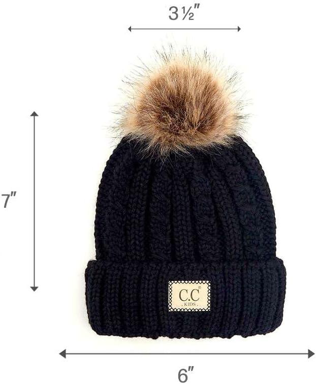 imageCC Kids Suede Patch Snuggly Soft Warm Knit Pom Cuff BeanieCable Knit Faux Fur  Black