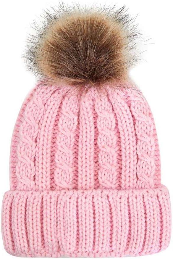 imageCC Kids Suede Patch Snuggly Soft Warm Knit Pom Cuff BeanieCable Knit Faux Fur  Pale Pink