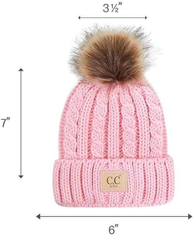 imageCC Kids Suede Patch Snuggly Soft Warm Knit Pom Cuff BeanieCable Knit Faux Fur  Pale Pink