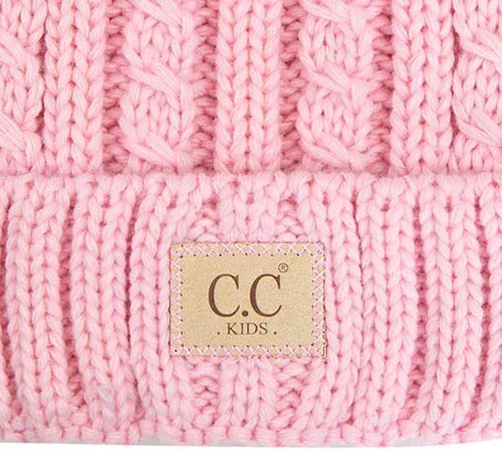 imageCC Kids Suede Patch Snuggly Soft Warm Knit Pom Cuff BeanieCable Knit Faux Fur  Pale Pink