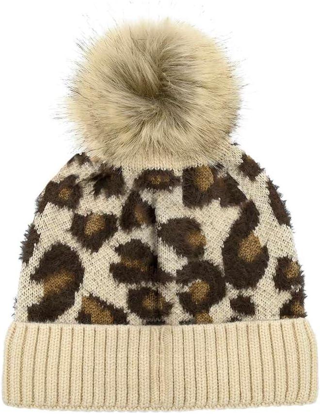 imageCC Kids Suede Patch Snuggly Soft Warm Knit Pom Cuff BeanieLeopard Print  Beige