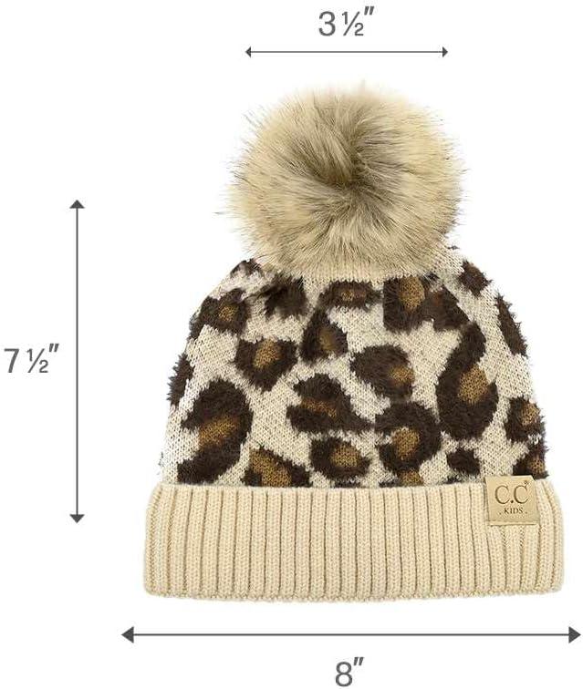 imageCC Kids Suede Patch Snuggly Soft Warm Knit Pom Cuff BeanieLeopard Print  Beige