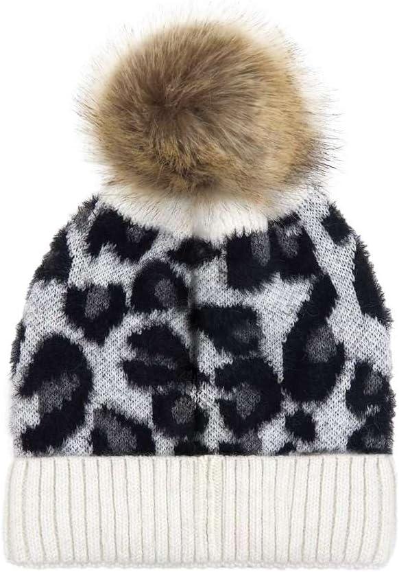 imageCC Kids Suede Patch Snuggly Soft Warm Knit Pom Cuff BeanieLeopard Print  Ivory