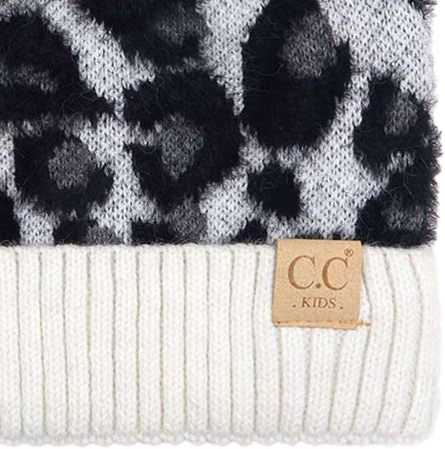 imageCC Kids Suede Patch Snuggly Soft Warm Knit Pom Cuff BeanieLeopard Print  Ivory