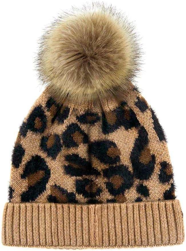 imageCC Kids Suede Patch Snuggly Soft Warm Knit Pom Cuff BeanieLeopard Print  Latte