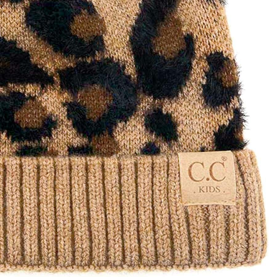 imageCC Kids Suede Patch Snuggly Soft Warm Knit Pom Cuff BeanieLeopard Print  Latte