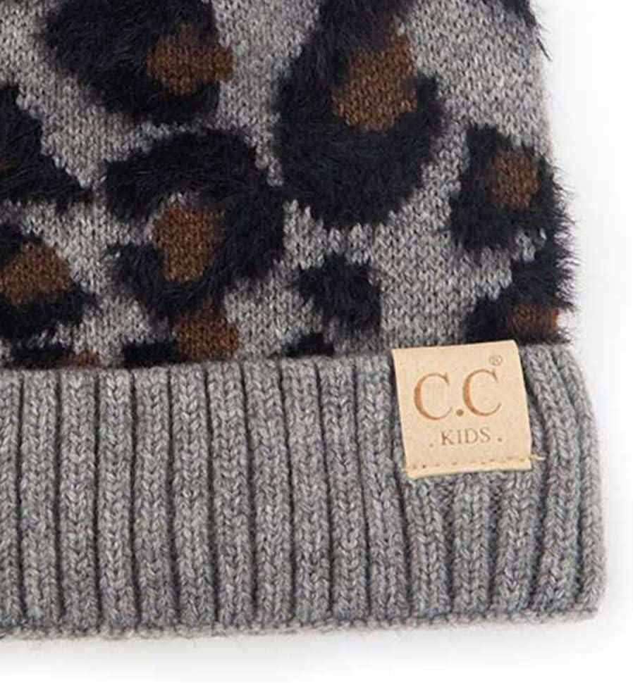 imageCC Kids Suede Patch Snuggly Soft Warm Knit Pom Cuff BeanieLeopard Print  Light Melange Gray