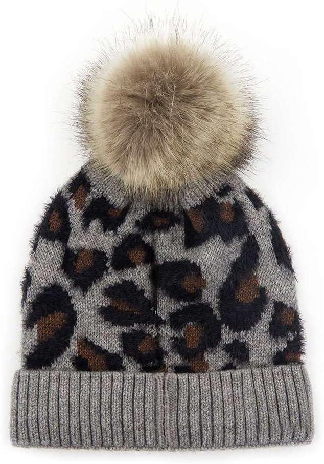 imageCC Kids Suede Patch Snuggly Soft Warm Knit Pom Cuff BeanieLeopard Print  Light Melange Gray