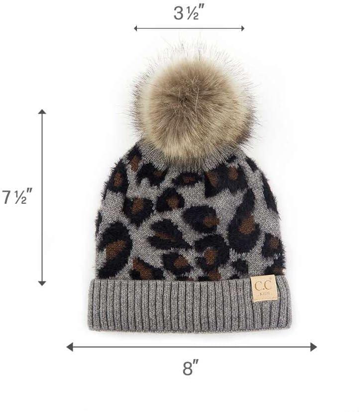 imageCC Kids Suede Patch Snuggly Soft Warm Knit Pom Cuff BeanieLeopard Print  Light Melange Gray