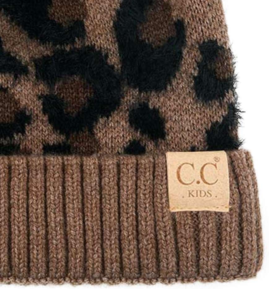 imageCC Kids Suede Patch Snuggly Soft Warm Knit Pom Cuff BeanieLeopard Print  Mocha