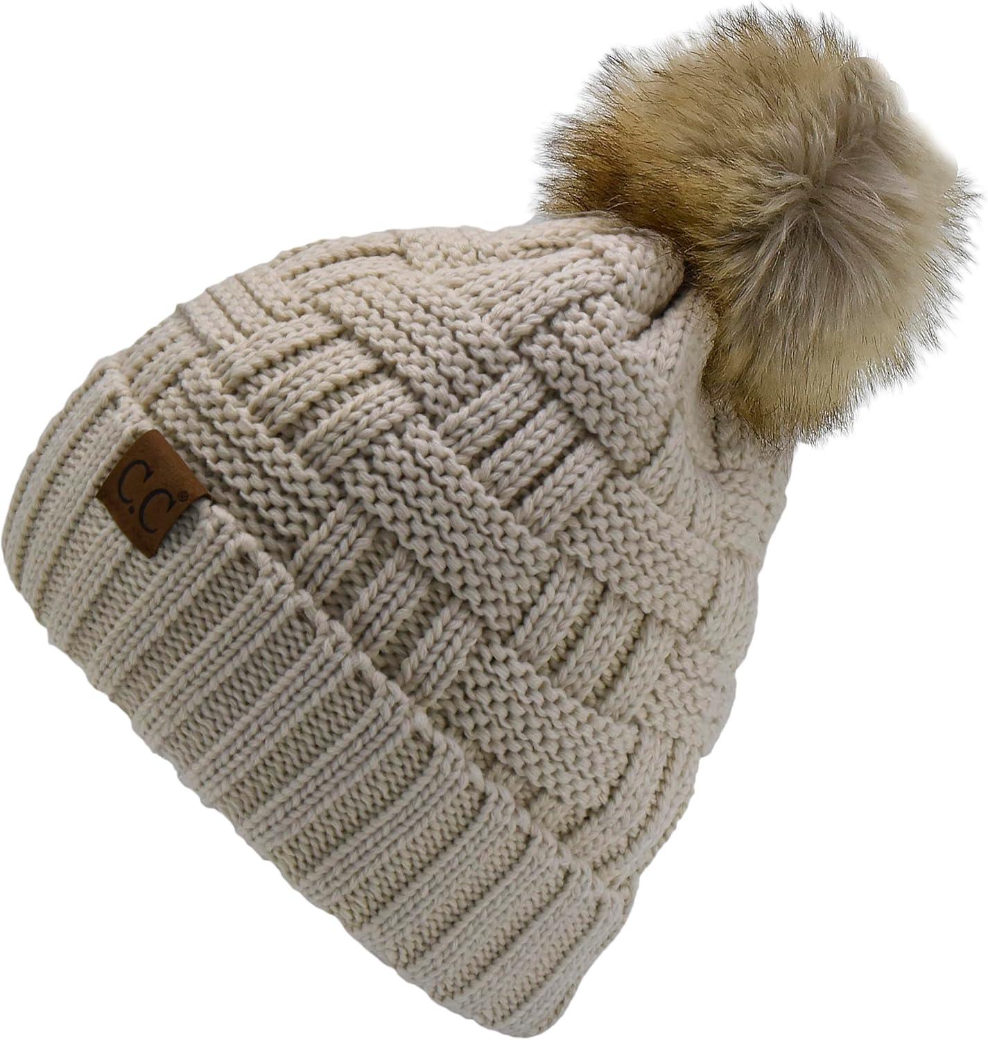imageCC Knit Beanie Hat  Fuzzy Fleece Lined Warm Winter Hat for Women Soft Stretchy Slouchy Knit Cap Cold Weather BeanieBeige