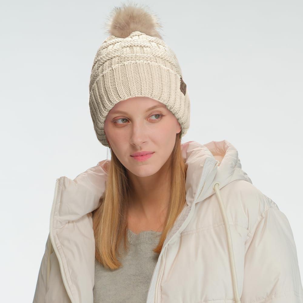imageCC Knit Beanie Hat  Fuzzy Fleece Lined Warm Winter Hat for Women Soft Stretchy Slouchy Knit Cap Cold Weather BeanieBeige
